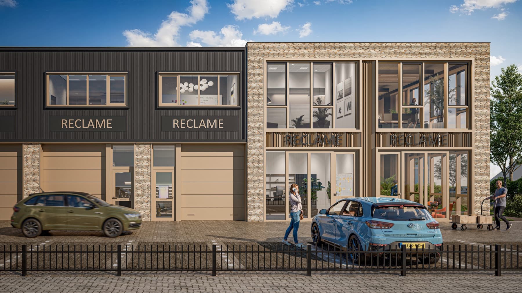 Render van de units met een overheaddeur open