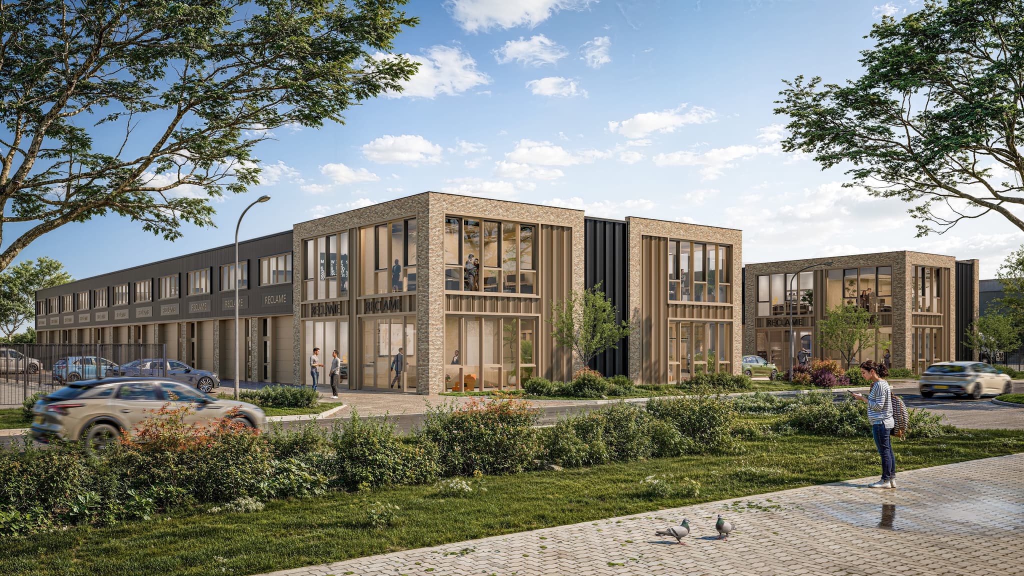 Render van de bedrijfsunits vanaf de straat